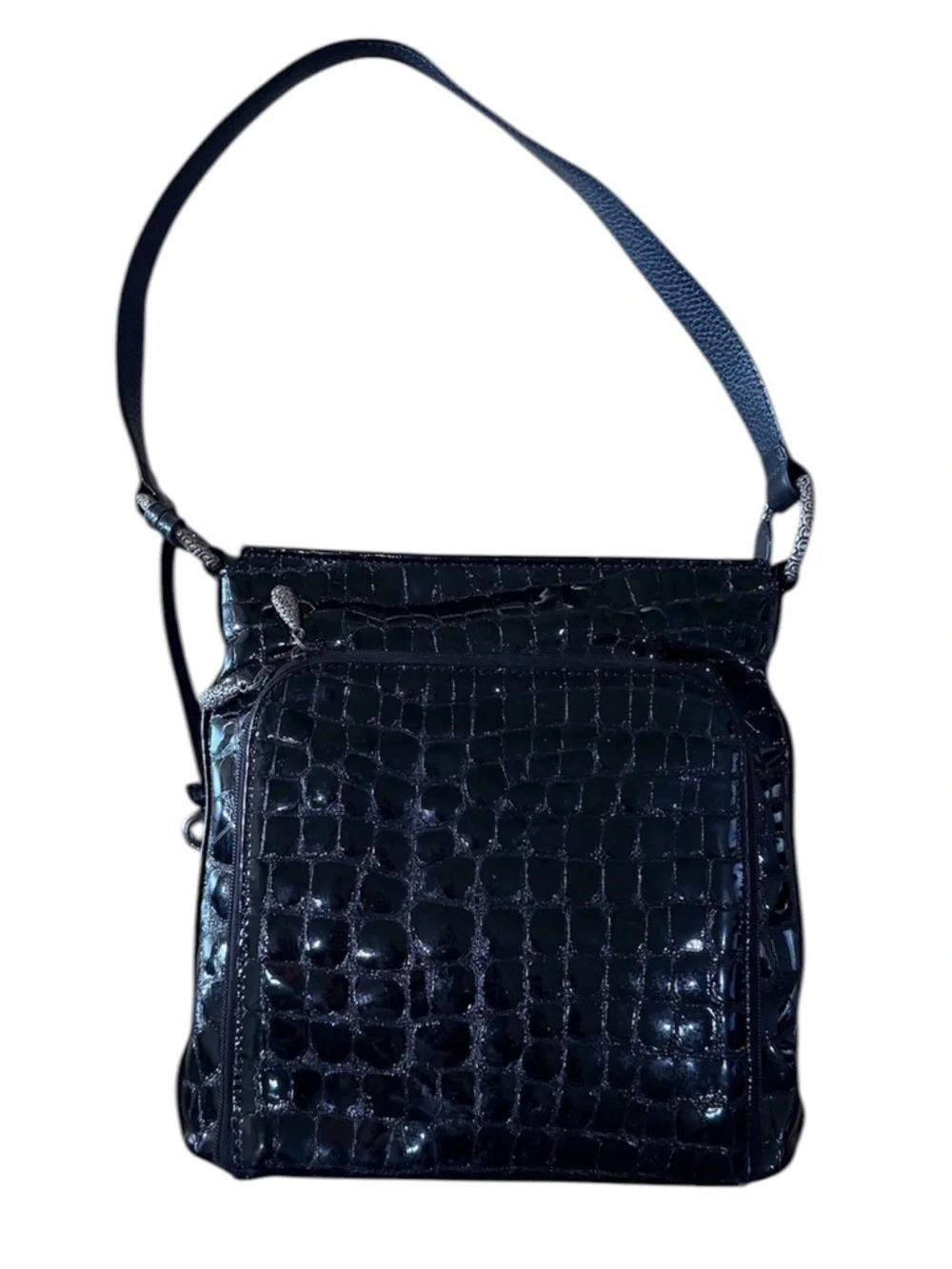 Brighton Black Croc Leather Crossbody Bag Silver Heart Charm Vintage Chic
